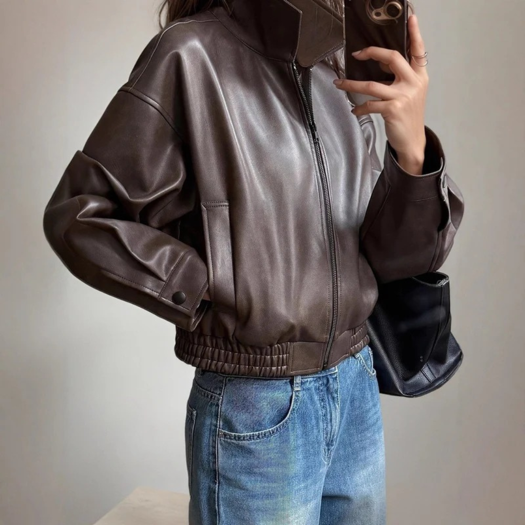 Kunstleder Bomberjacke Damen braun – Jacke mit elastischem Bund und Reißverschluss