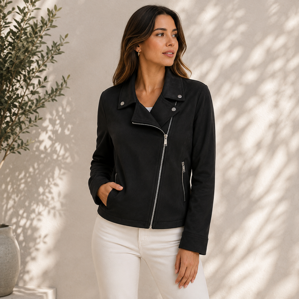 Bikerjacke Damen aus Kunstleder – klassische Übergangsjacke mit Reißverschluss