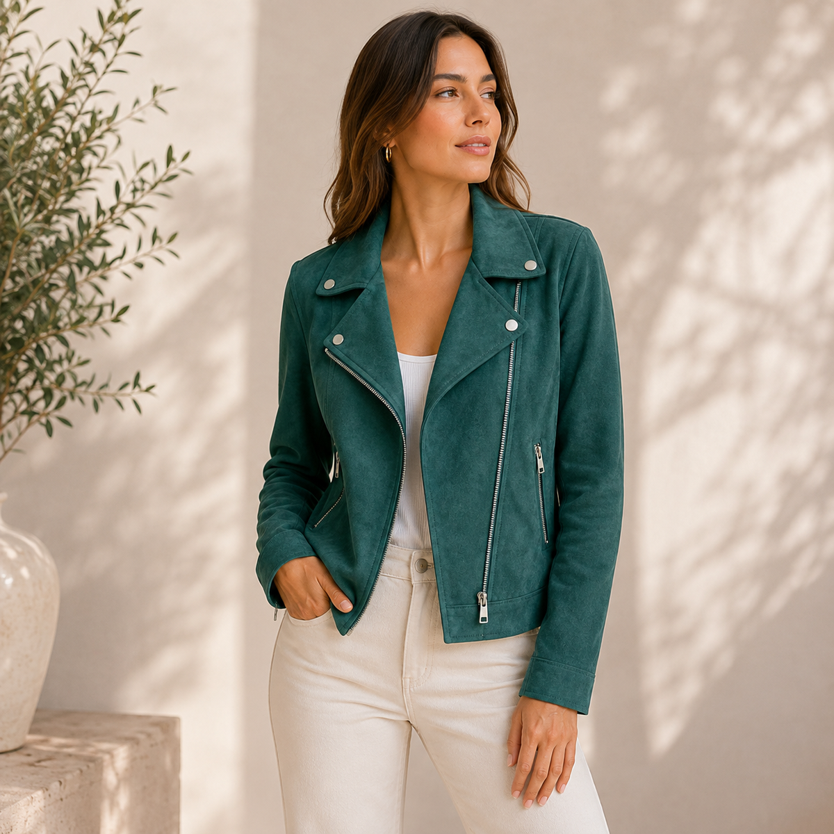 Bikerjacke Damen aus Kunstleder – klassische Übergangsjacke mit Reißverschluss