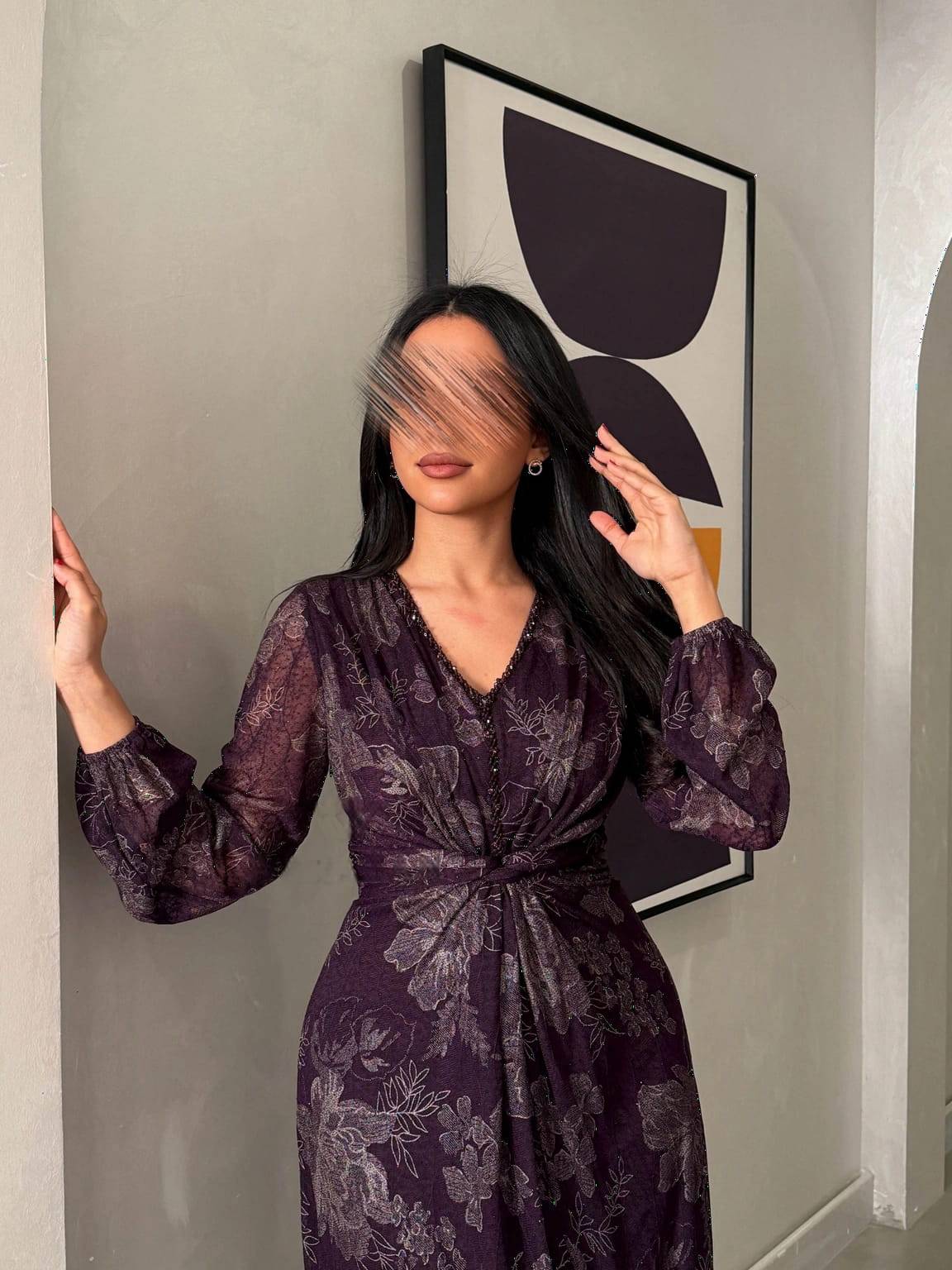فستان سهرة طويل مشجر بخصر محدد