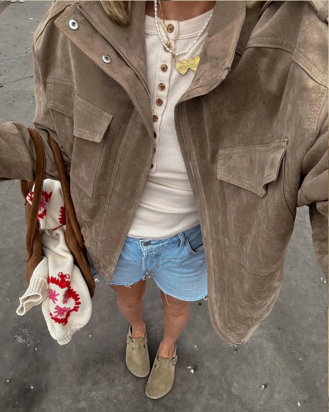 Damen Bomberjacke mit Langen Ärmeln und Taschen Hellbraun kenzuu