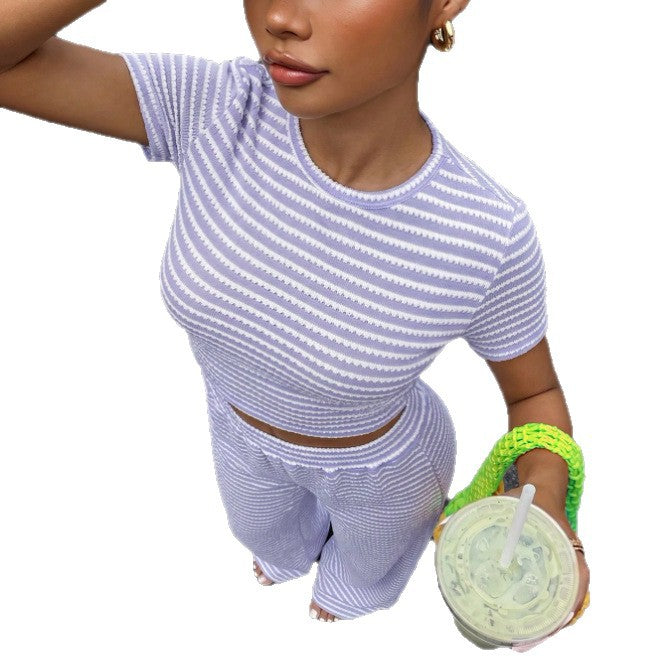 Damen Gestreiftes Zweiteiler-Set Crop Top & Weite Hose LM2634