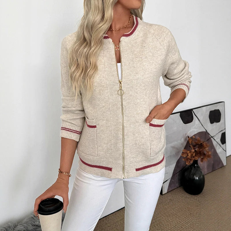 Damen Langarm Zip-Up Bomber Cardigan mit Taschen kenzuu