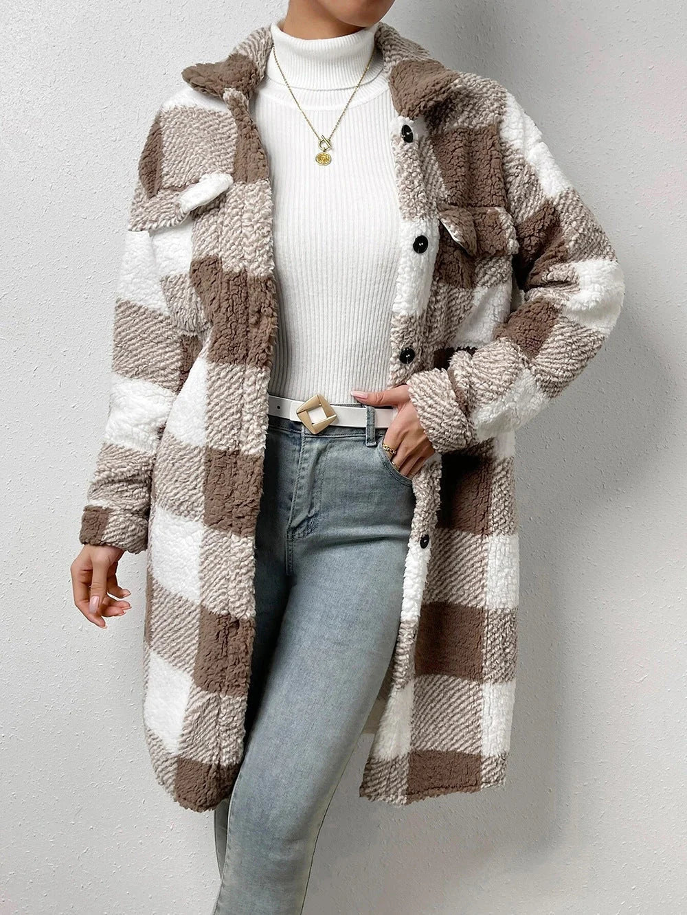 Damen Langmantel mit Karomuster und Taschen kenzuu