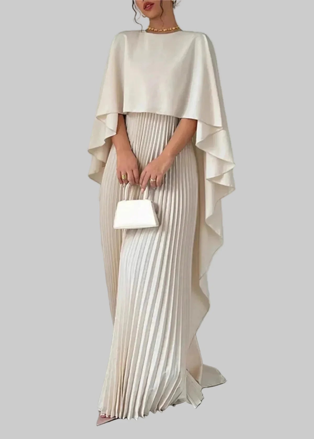 Damen Maxikleid mit Asymmetrischem Cape-Überwurf und Plisseerock | Kenzuu