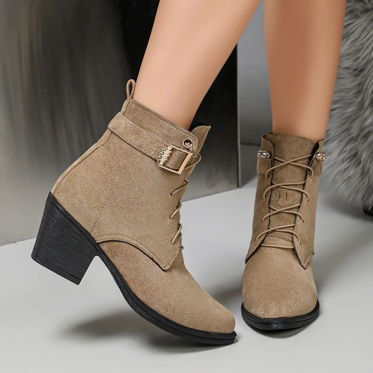 Damen Schnür-Stiefeletten mit Blockabsatz
