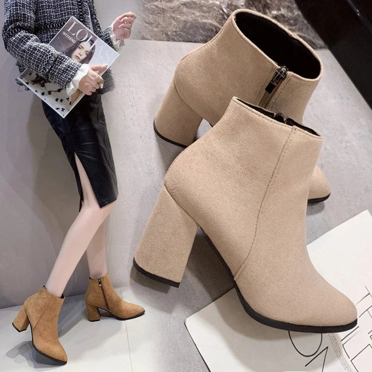 Damen Stiefeletten mit Blockabsatz und Reißverschluss