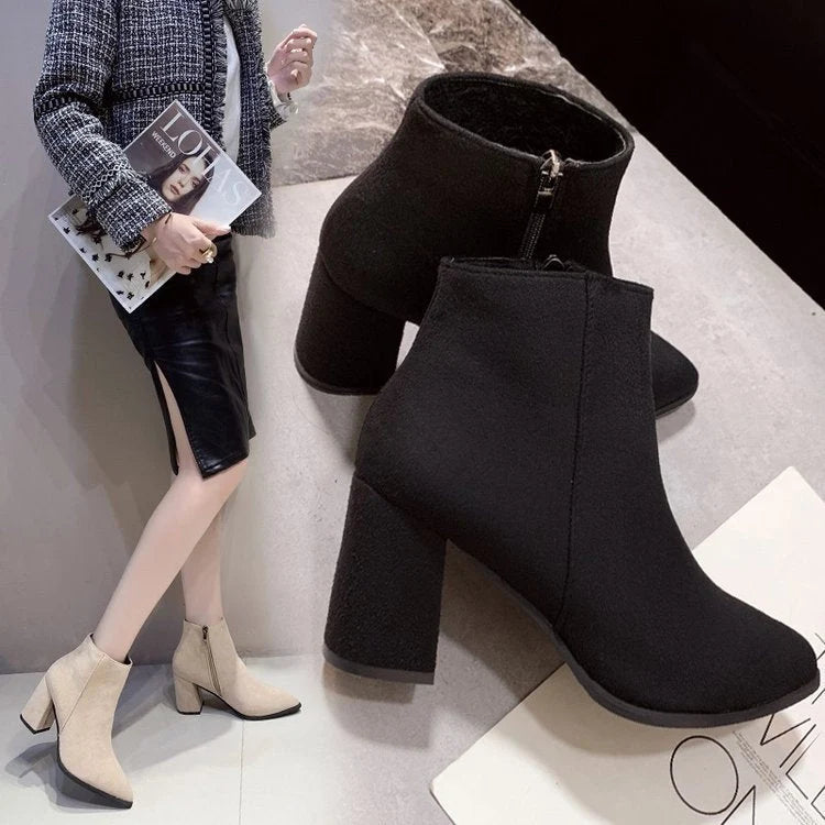 Damen Stiefeletten mit Blockabsatz und Reißverschluss