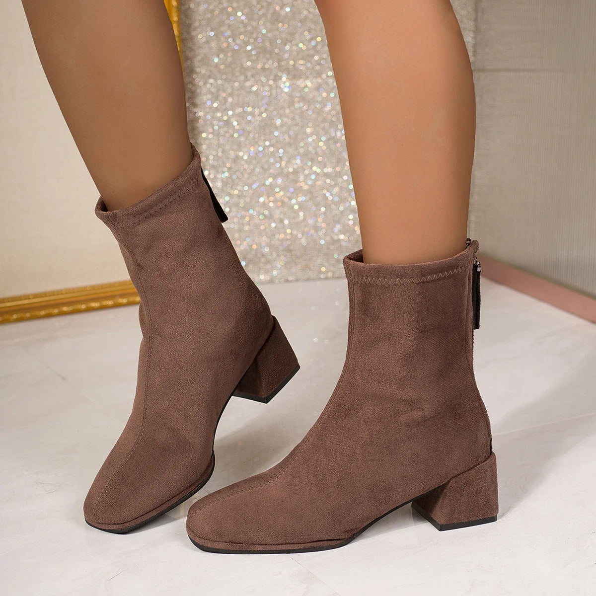 Damen Stiefeletten Mit Blockabsatz Und Reißverschluss