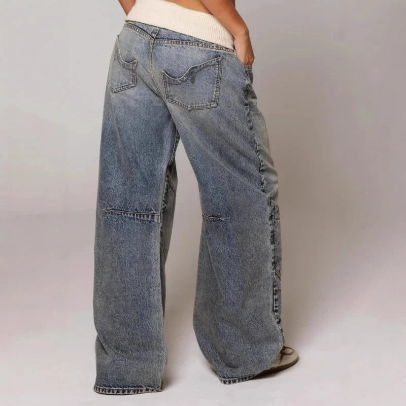 Damen Weite Hose mit Kontrastbund und geschwungenen Ziernähten