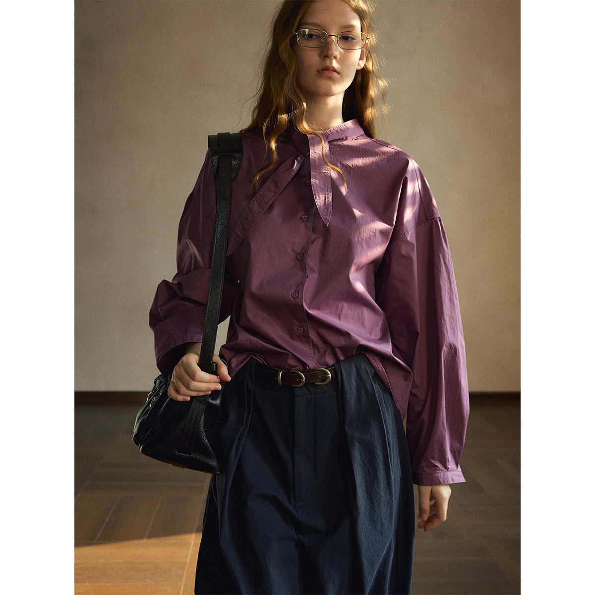 Kenzuu Damen Baumwollbluse Rundhals Schalkragen Langarm | M63563