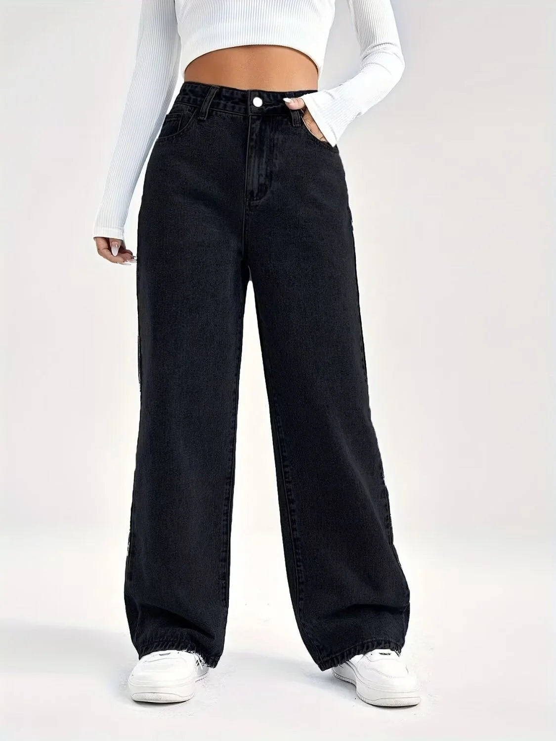 Damen Hose mit hohem Bund weitem Bein Knopfverschluss und Fronttaschen