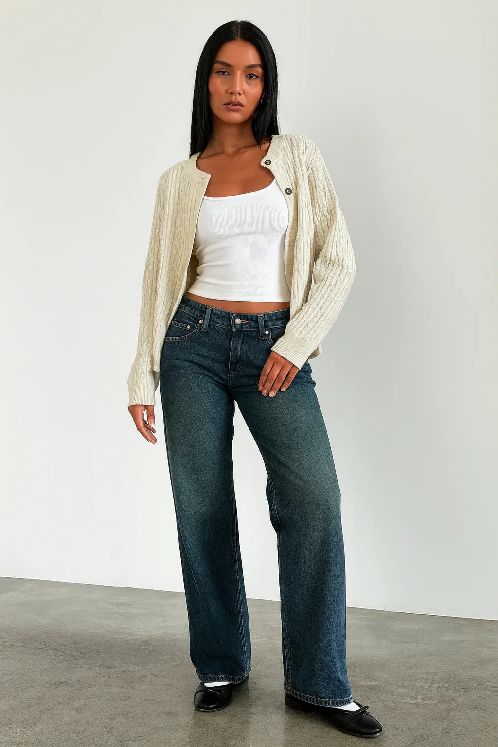 Damen Hose mit Weitem Bein Knopfverschluss Gürtelschlaufen und Fünf-Taschen-Aufteilung