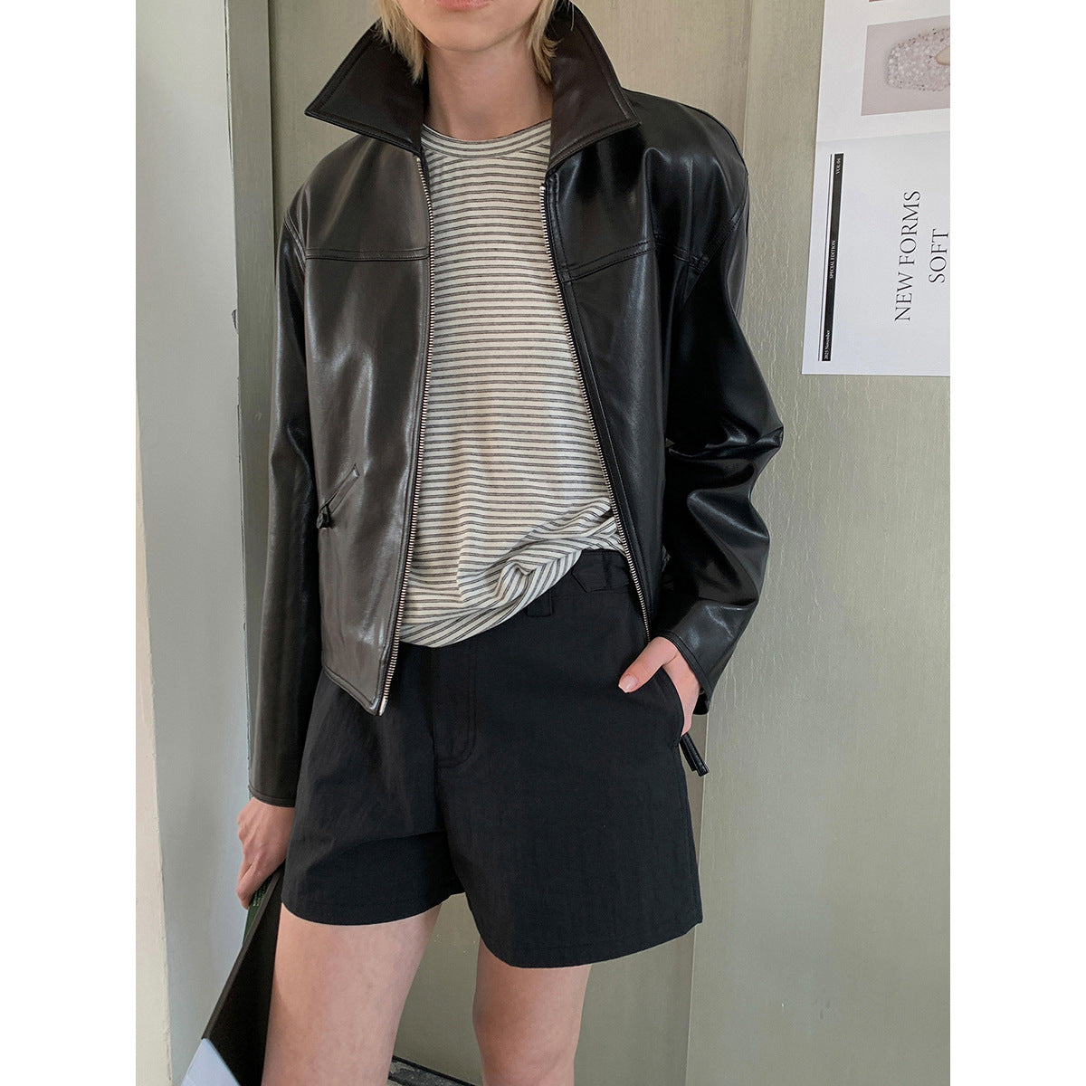 Kenzuu Damen Kunstlederjacke im Koreanischen Stil mit Reverskragen