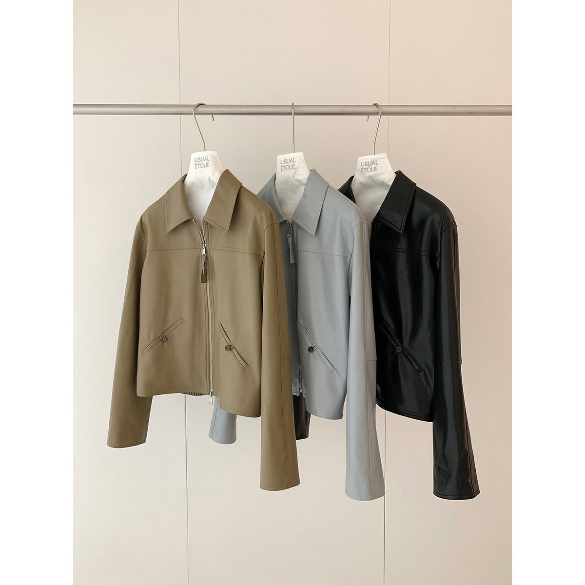 Kenzuu Damen Kunstlederjacke im Koreanischen Stil mit Reverskragen