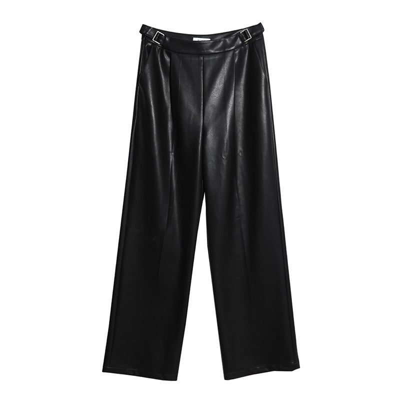 Kenzuu Damen Lederhose mit Seitenschnallen Weites Gerades Bein D5887-N1