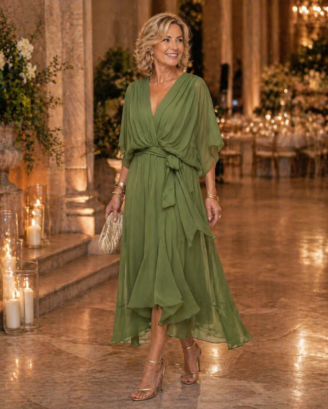 Kenzuu Damen Midikleid mit V-Ausschnitt und Fließendem Schnitt