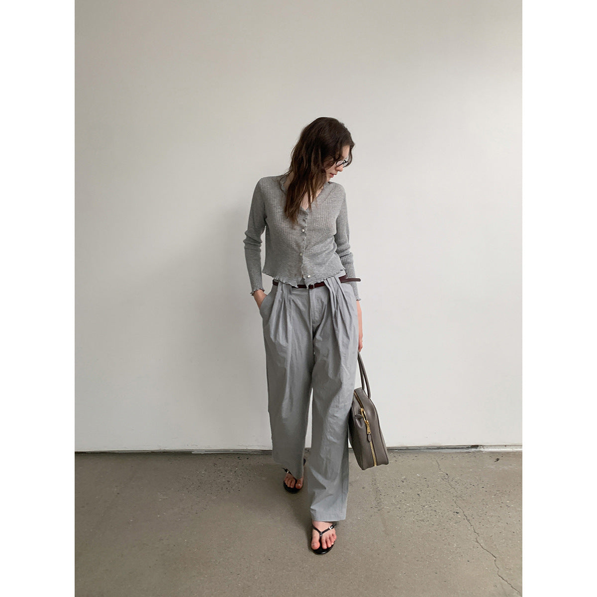 Kenzuu Damen Sommer Weite Hose mit Hoher Taille Falten und Gürtel
