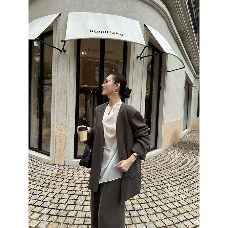 Kenzuu Damen V-Ausschnitt Blazer Locker Zwei Knöpfe Y6809