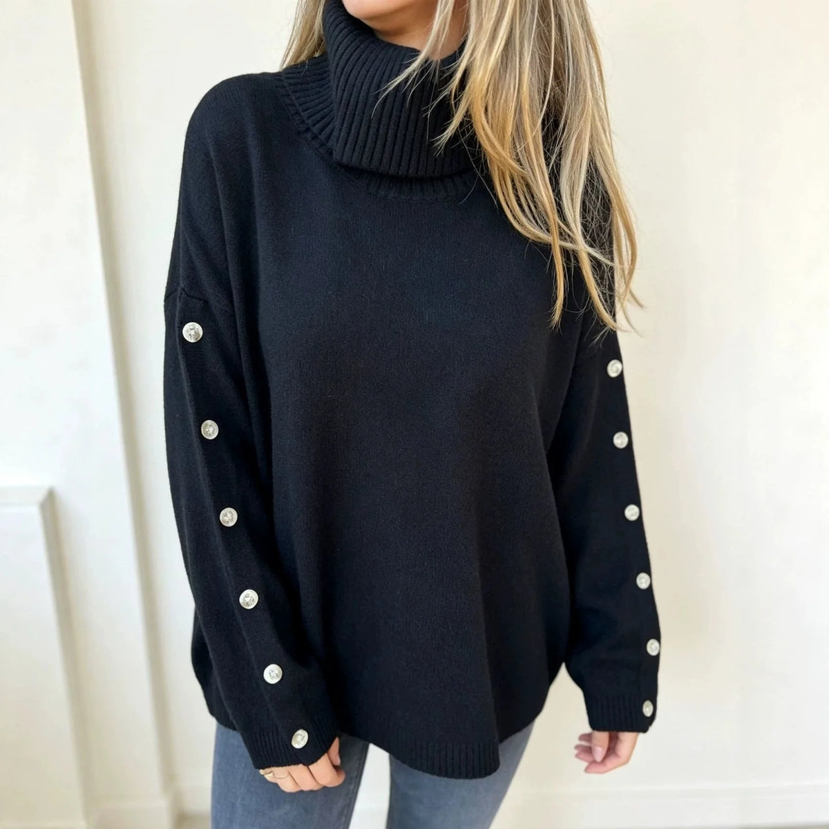 Mara | Damen Oversized Langarm-Turtleneck-Pullover mit Knöpfen kenzuu