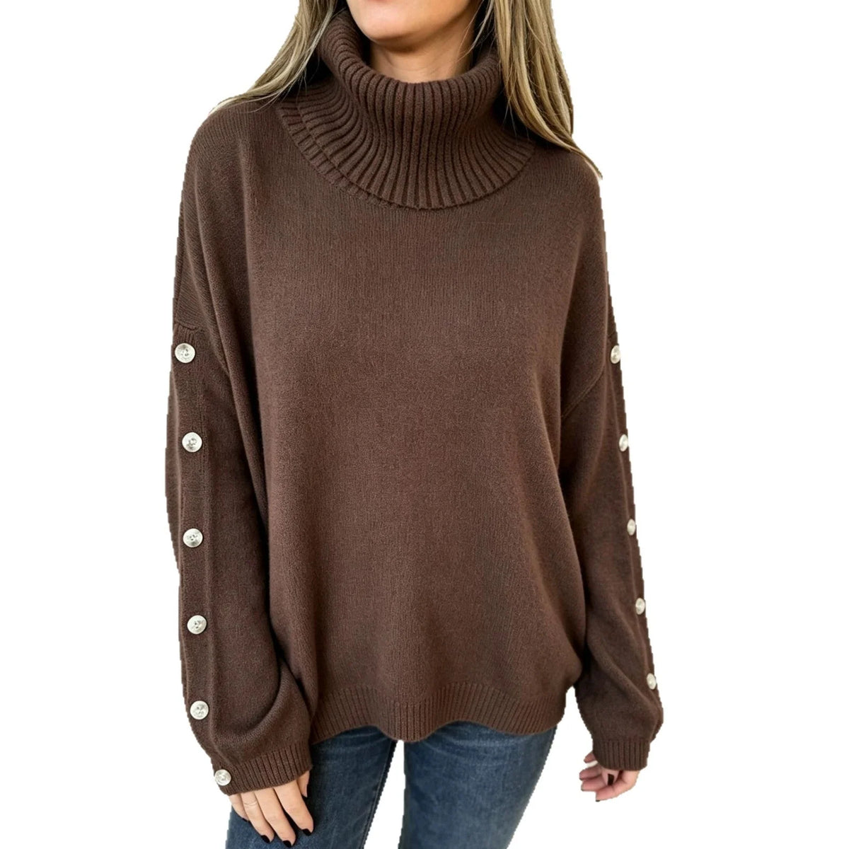 Mara | Damen Oversized Langarm-Turtleneck-Pullover mit Knöpfen kenzuu