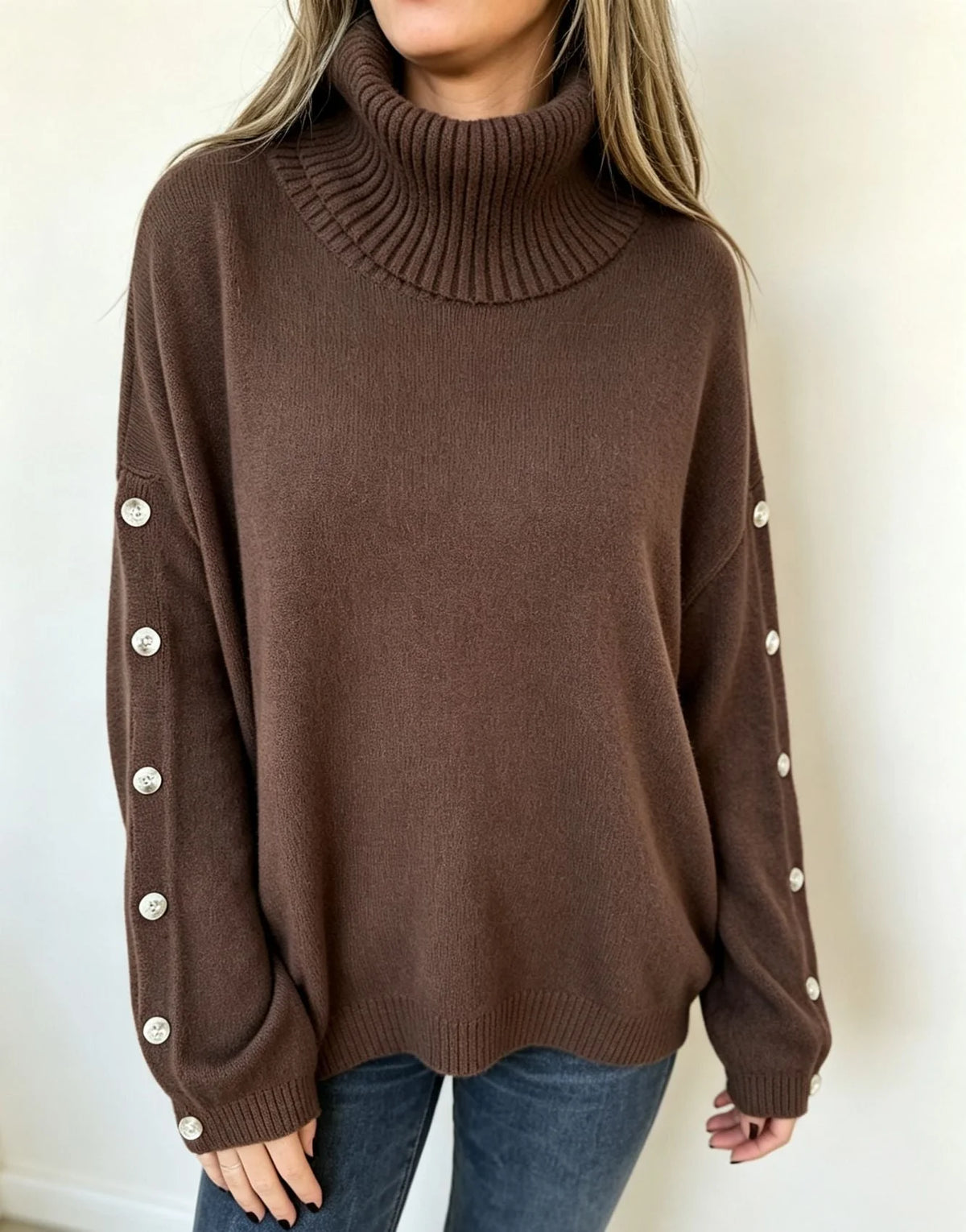 Mara | Damen Oversized Langarm-Turtleneck-Pullover mit Knöpfen kenzuu