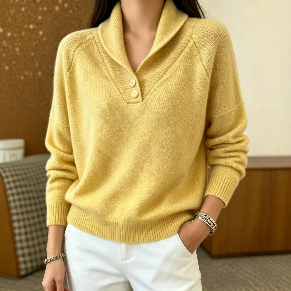 Martha Damen Langarmpullover mit Knöpfen kenzuu