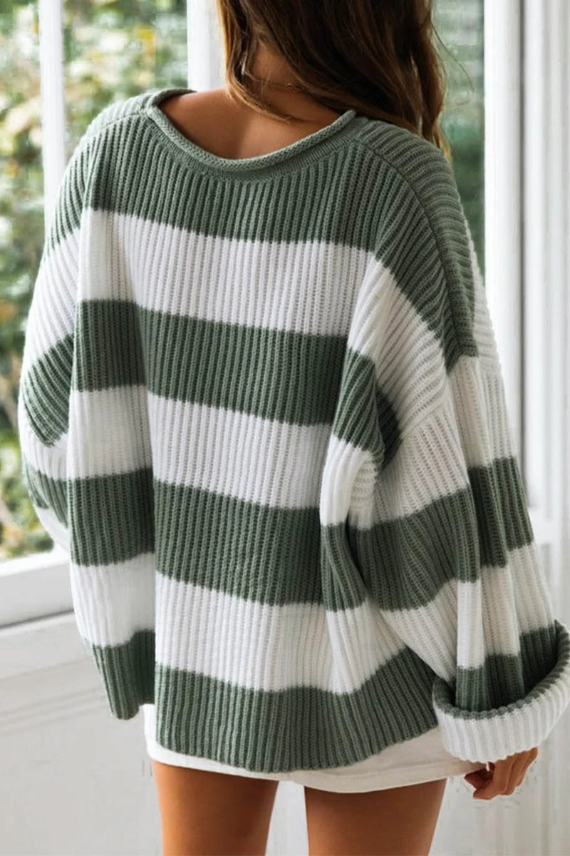 Modische Süße Gestreifte Kontrast-O-Ausschnitt Pullover kenzuu