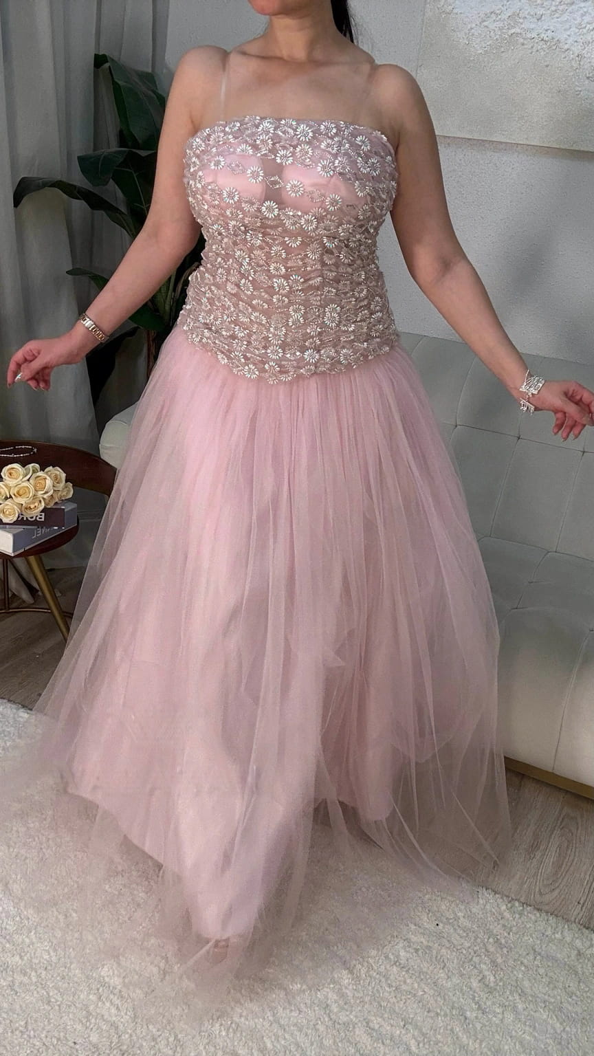 فستان سهرة دبل كلوش تل ملكي طويل للمناسبات