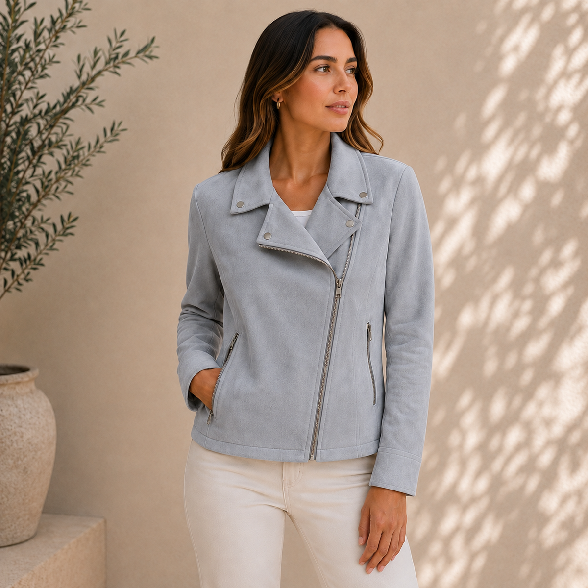 Bikerjacke Damen aus Kunstleder – klassische Übergangsjacke mit Reißverschluss