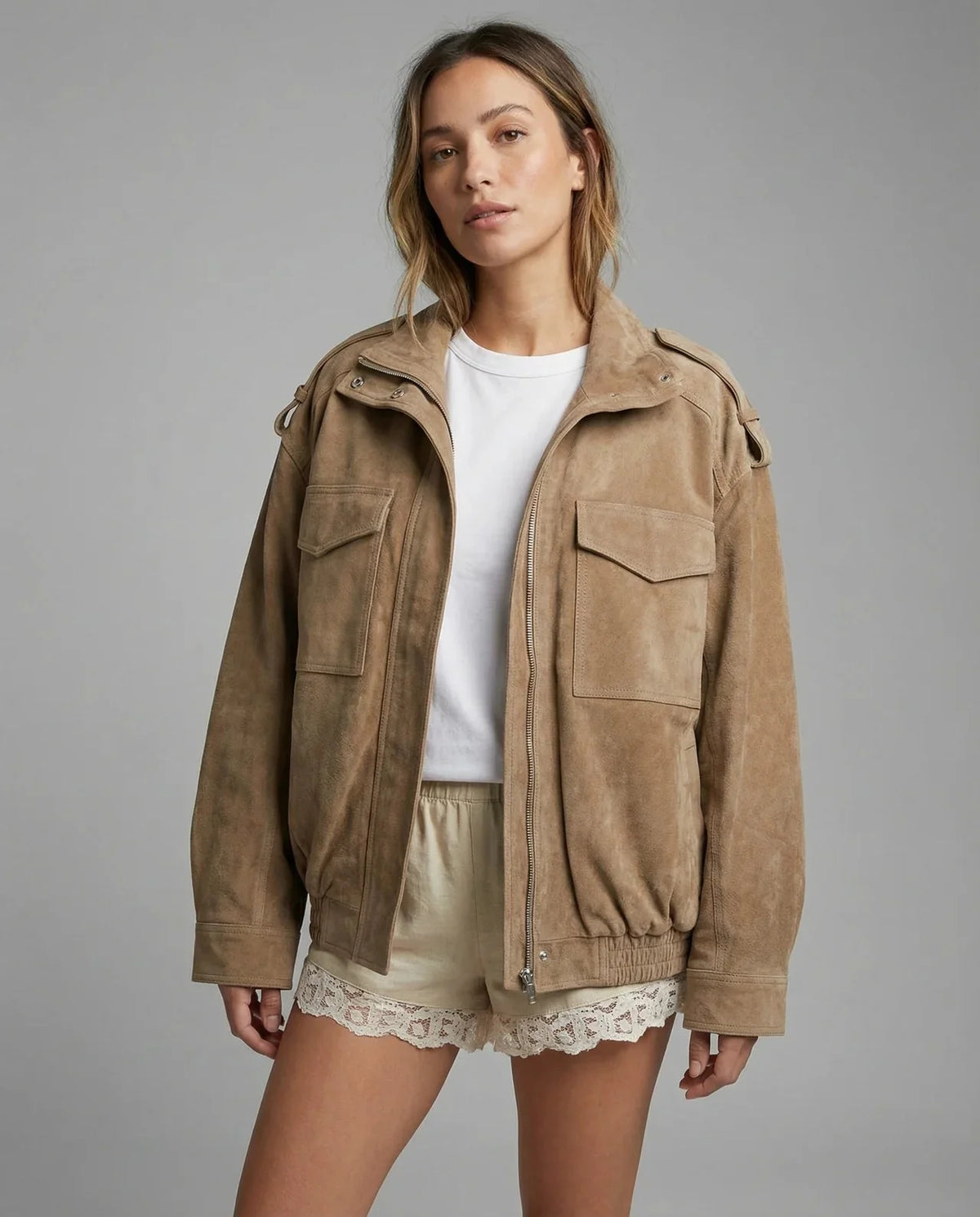 Damen Bomberjacke mit Langen Ärmeln und Taschen Hellbraun kenzuu