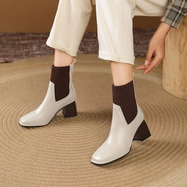 Damen Chunky Stiefeletten mit Strick-Einsatz und robustem Absatz