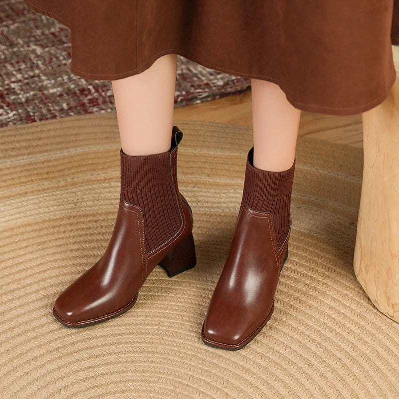 Damen Chunky Stiefeletten mit Strick-Einsatz und robustem Absatz