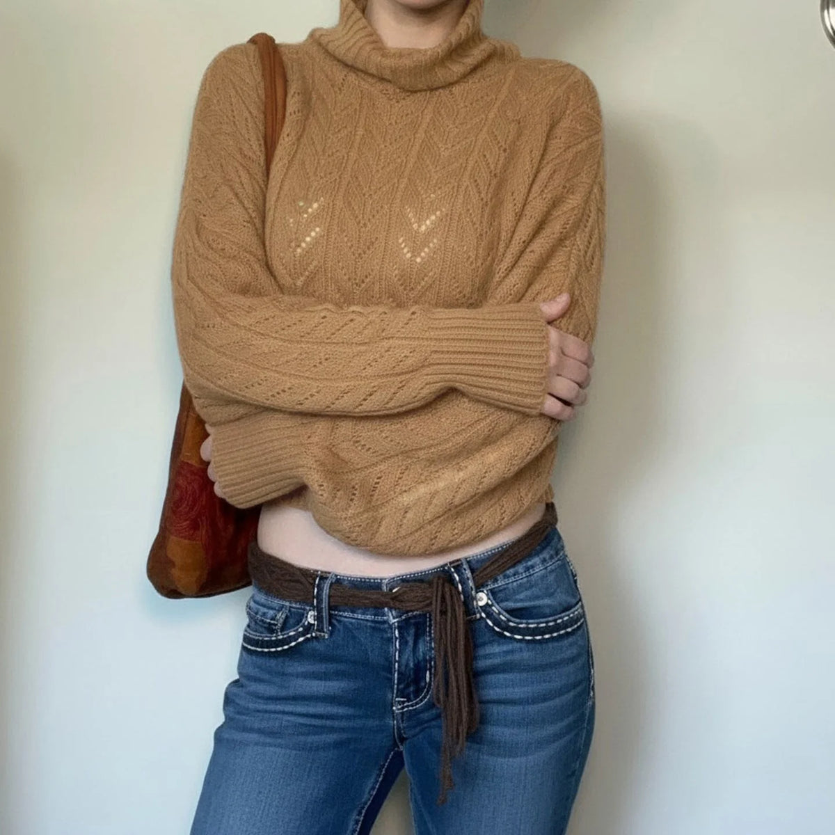 Damen Cropped Langarm-Turtleneck-Pullover mit Knöpfen kenzuu