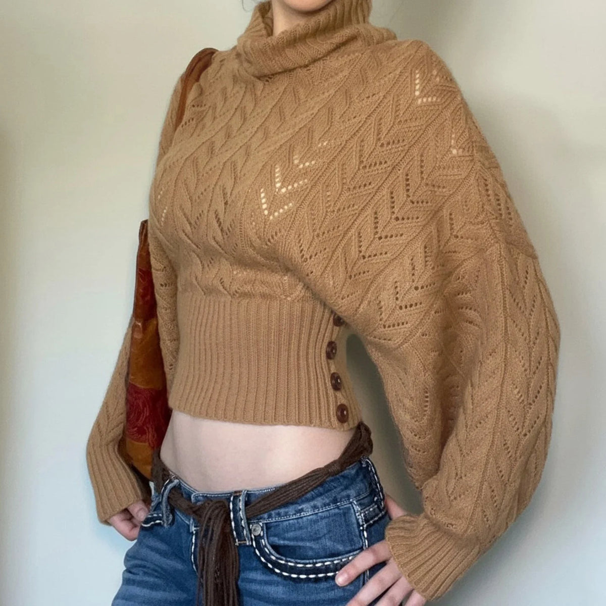 Damen Cropped Langarm-Turtleneck-Pullover mit Knöpfen kenzuu
