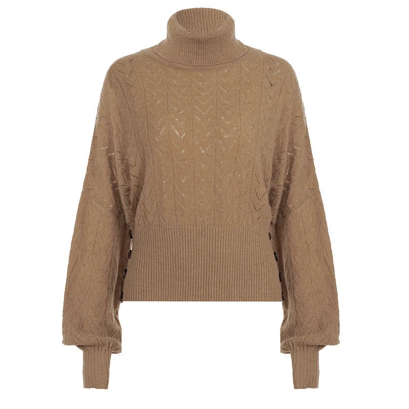 Damen Cropped Langarm-Turtleneck-Pullover mit Knöpfen kenzuu
