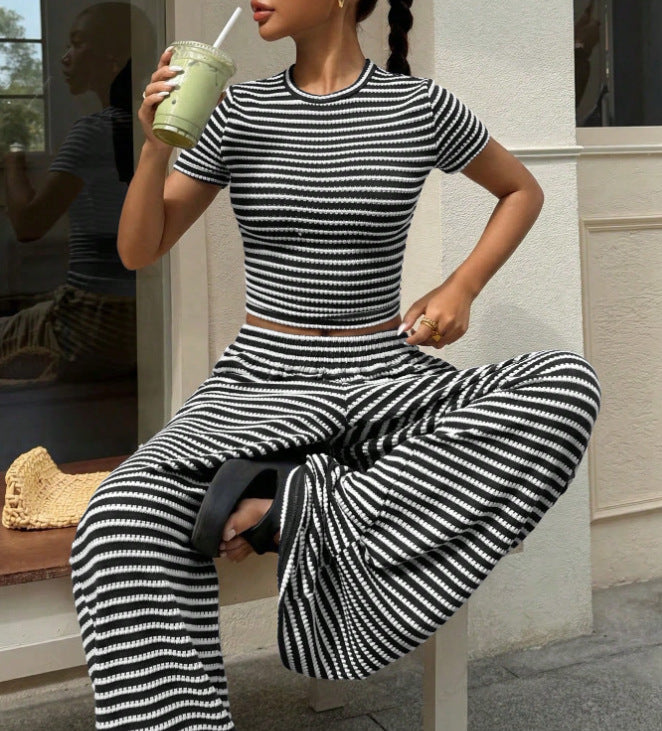 Damen Gestreiftes Zweiteiler-Set Crop Top & Weite Hose LM2634