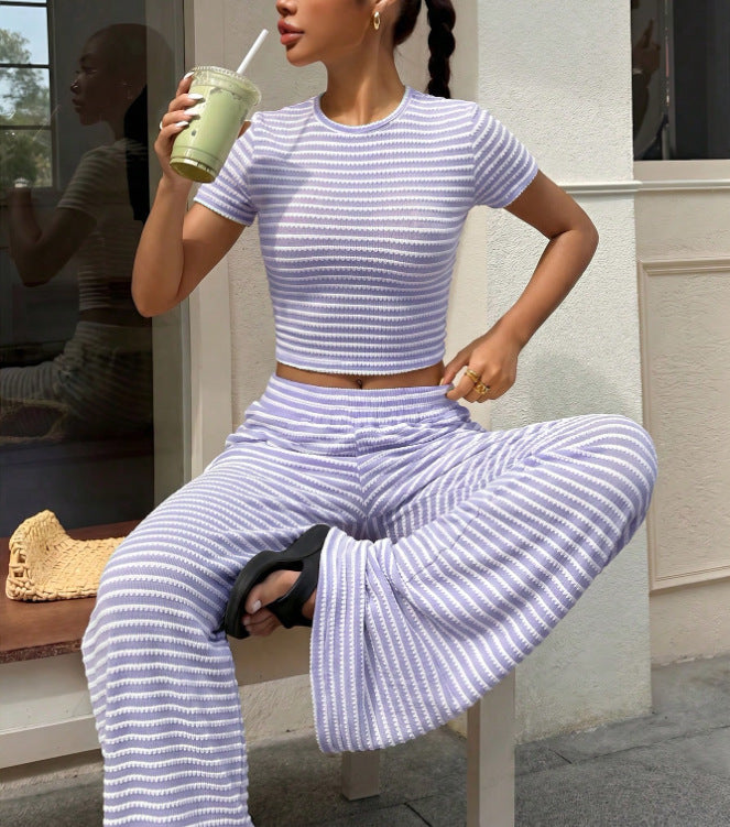 Damen Gestreiftes Zweiteiler-Set Crop Top & Weite Hose LM2634