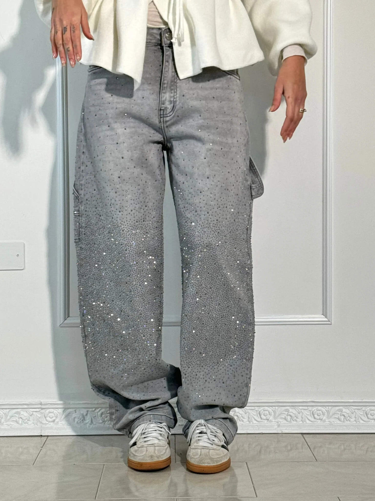 Damen Hose mit weitem Bein Strassbesatz Seitentasche mit Klappe und Knopfverschluss