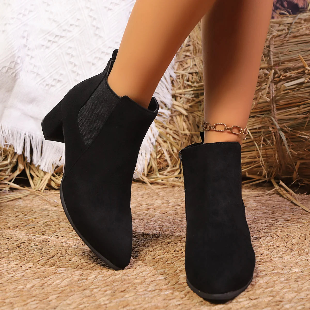 Damen Kurzstiefeletten mit Blockabsatz und Reißverschluss kenzuu