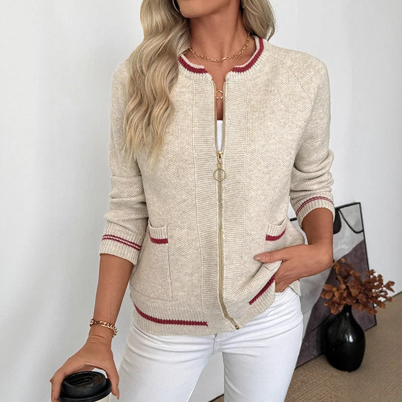Damen Langarm Zip-Up Bomber Cardigan mit Taschen kenzuu