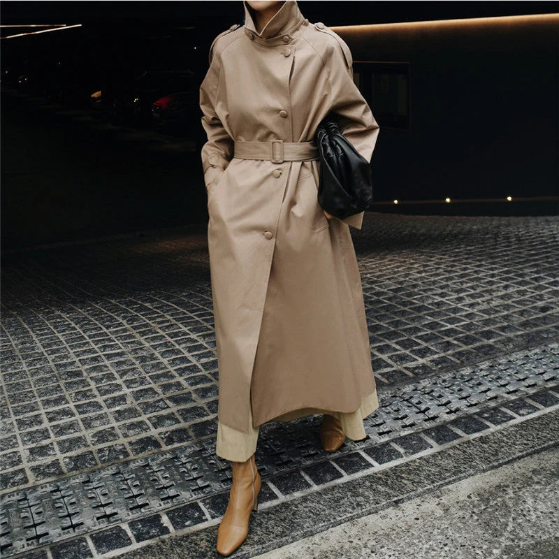 Damen Langer Trenchcoat mit Taillengürtel und Hohem Stehkragen