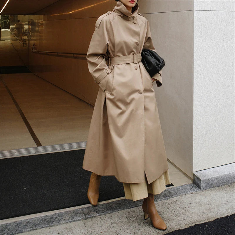 Damen Langer Trenchcoat mit Taillengürtel und Hohem Stehkragen