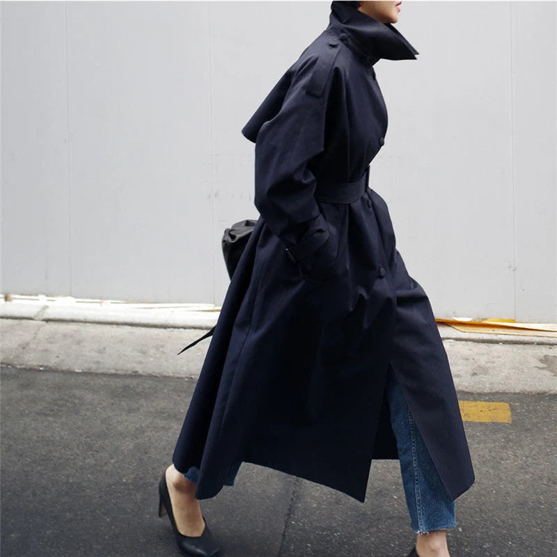 Damen Langer Trenchcoat mit Taillengürtel und Hohem Stehkragen