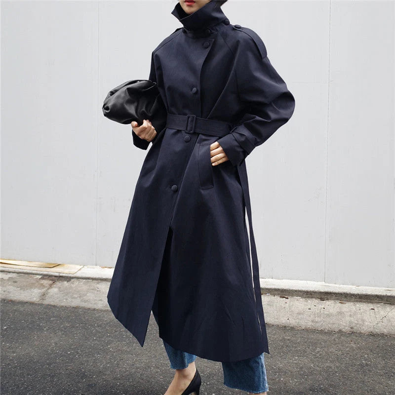 Damen Langer Trenchcoat mit Taillengürtel und Hohem Stehkragen
