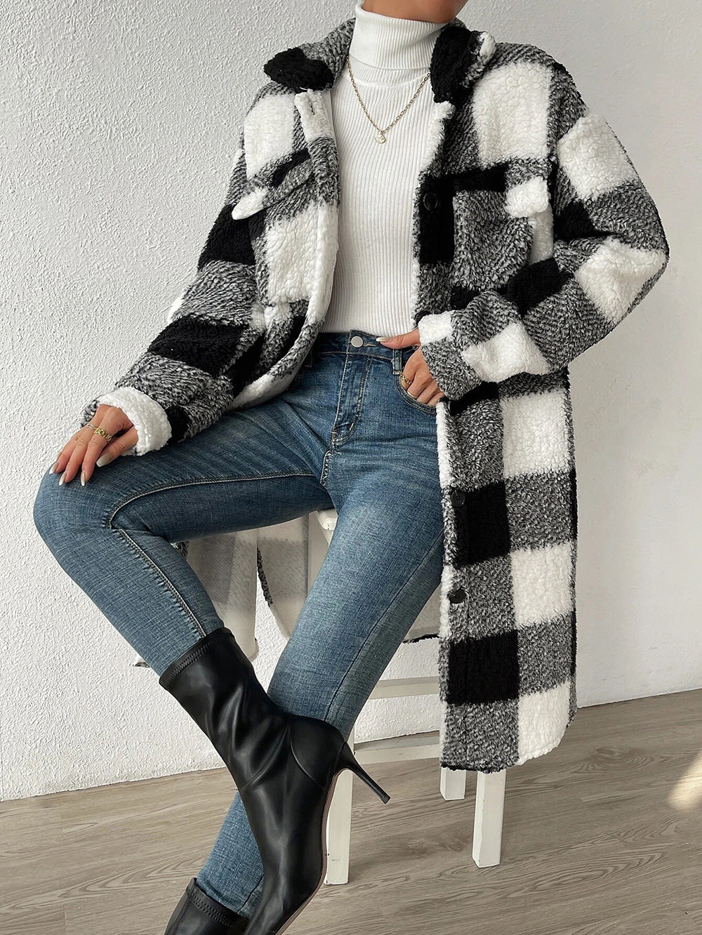 Damen Langmantel mit Karomuster und Taschen kenzuu