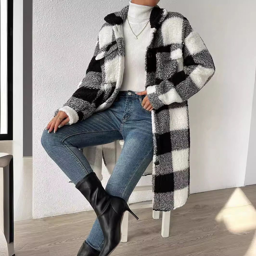 Damen Langmantel mit Karomuster und Taschen kenzuu