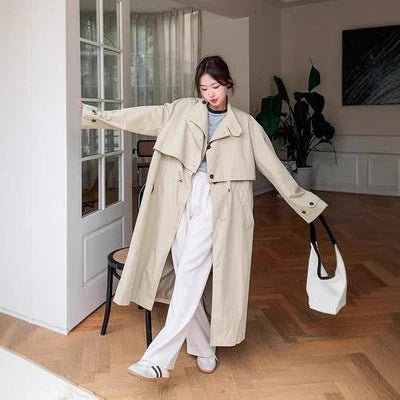 Damen Oversize-Trenchcoat mit Cape-Rücken und Tunnelzug in der Taille kenzuu