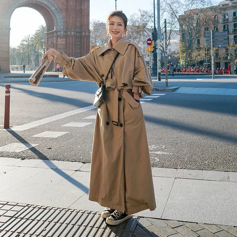 Damen Oversize-Trenchmantel mit Ballonärmeln und Taillengürtel kenzuu
