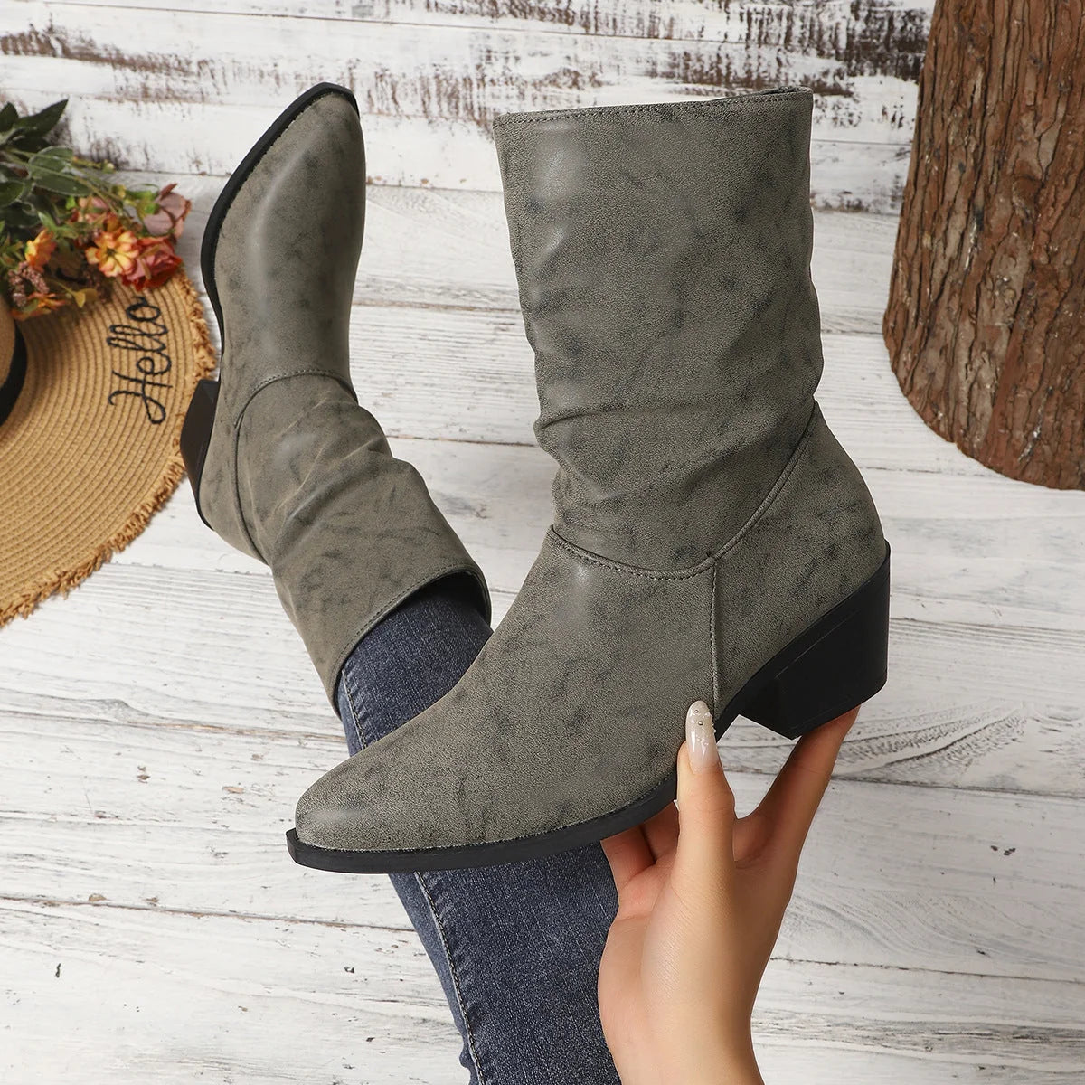 Damen Slouch-Stiefeletten mit Blockabsatz